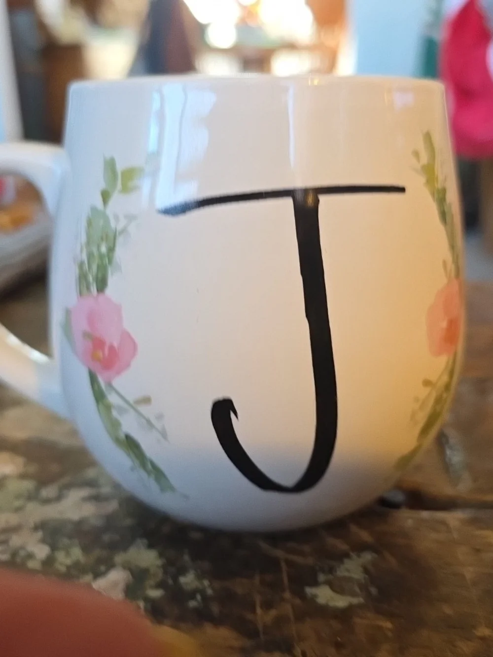 Monogram J Ceramic Coffee Mug with Pink Floral Accent